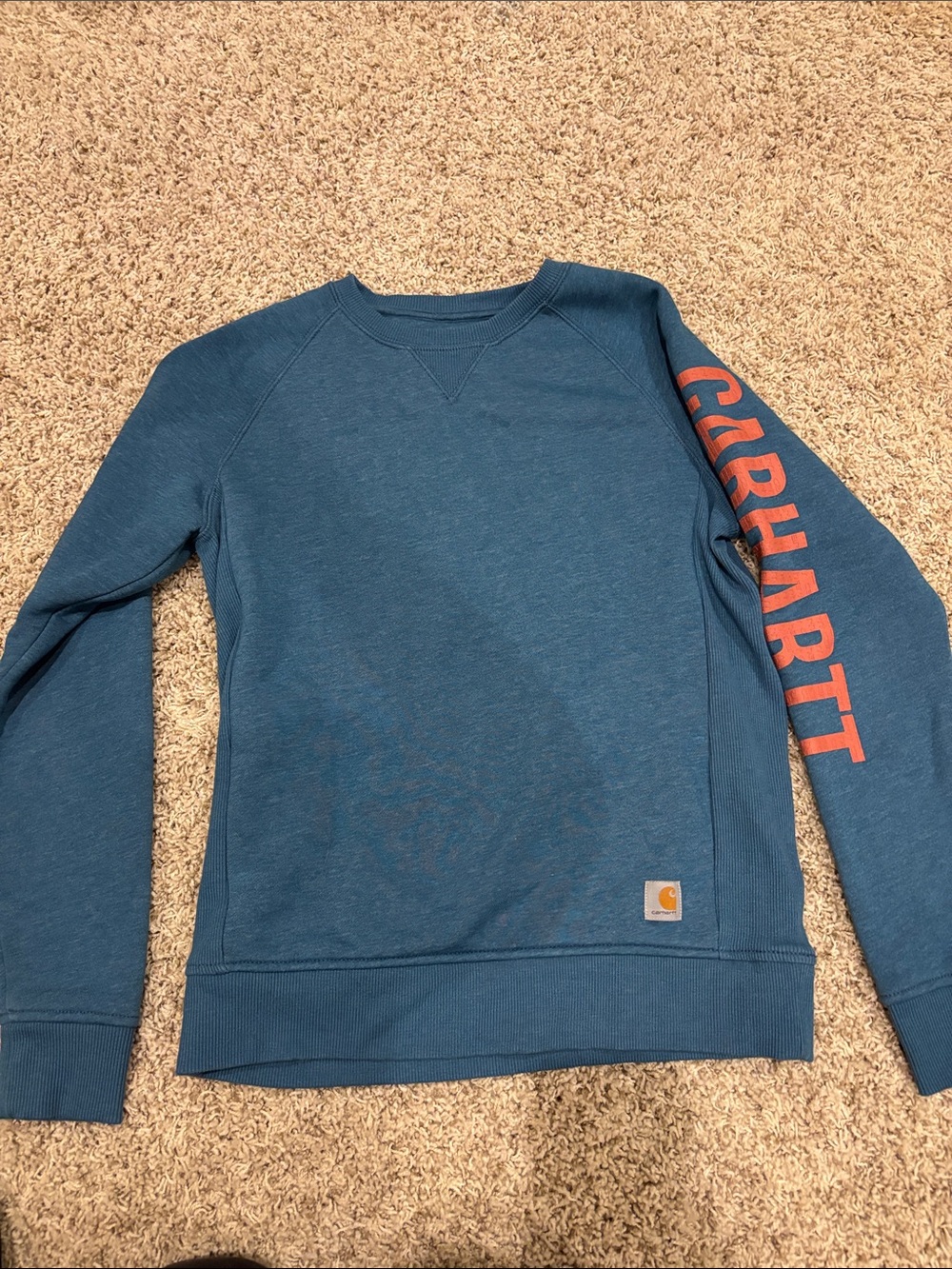 Carhartt Men's Teal Crewneck Sweatshirt with Orange Sleeve Logo